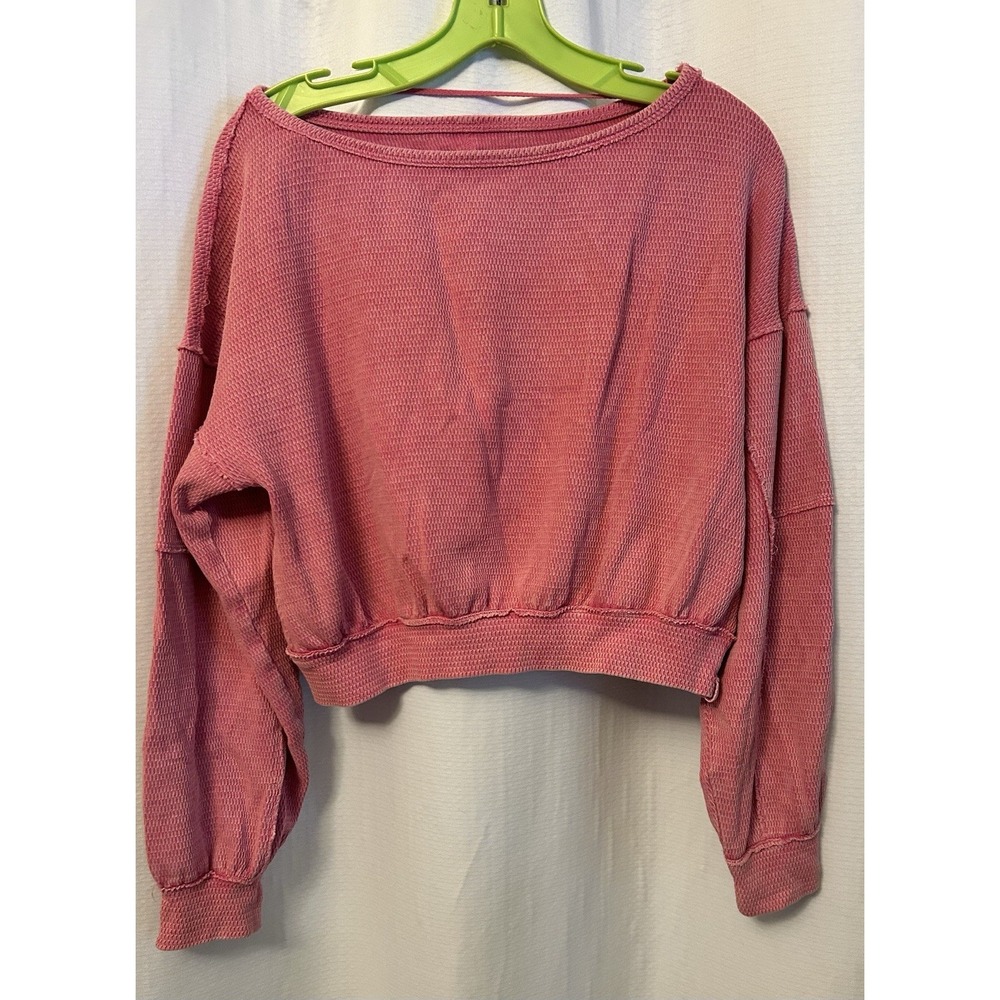 We The Free XS Pink Waffle Knit Relaxed Crop Sweatshirt Cottagecore Boho Indie